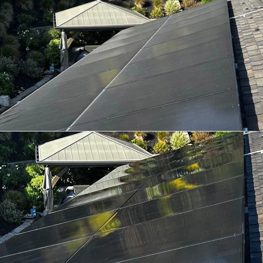 Before and after solar panel cleaning service for Danville residential home showing efficiency restoration